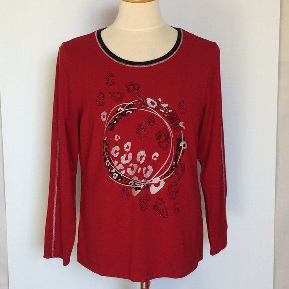 Share Dolcezza Womens Top Sweater XL Red Rhinestone Embellished Viscose Long Sle - Picture 1 of 7